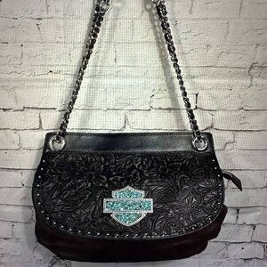 HARLEY DAVIDSON LEATHER CROSSBODY BAG, TURQUOISE LOGO EMBLEM